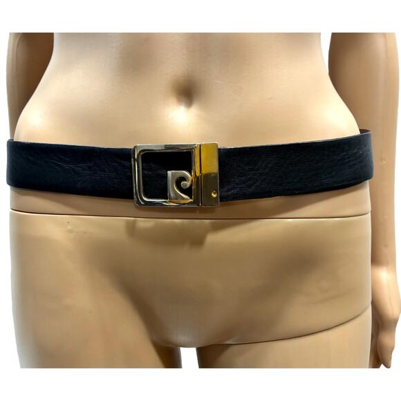 80s Pierre Cardin PC Logo Buckle Leather Belt | Reversible Black Brown Spain main image 6